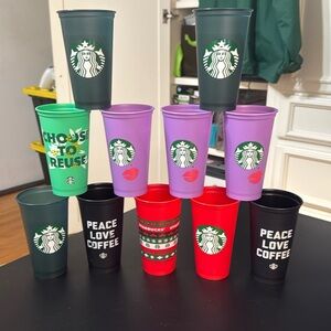 Assorted Starbucks plastic cups.